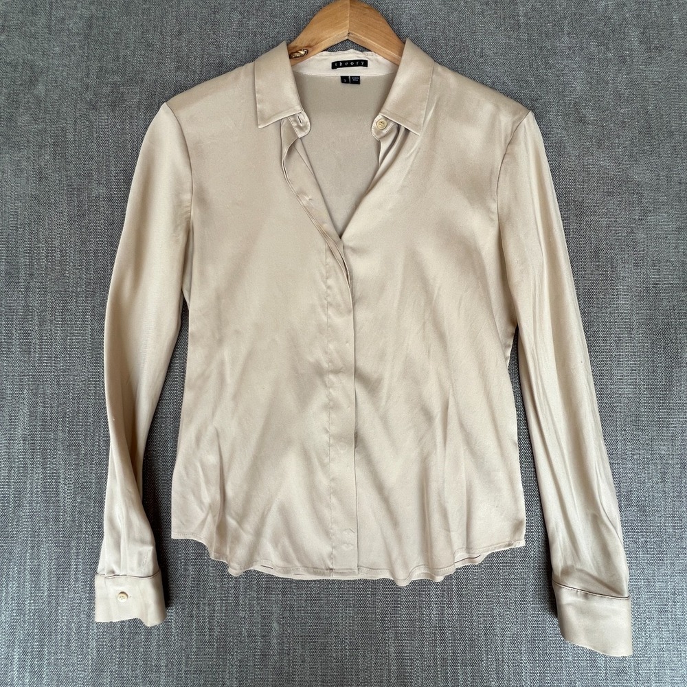 Theory Shirt Top Womens S Beige Silk Collared Stretch Formal Career Button-Up